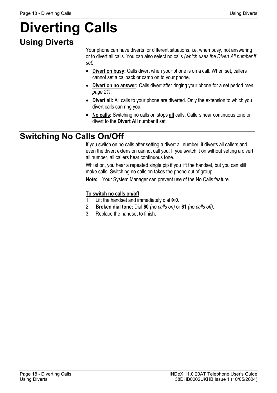 Diverting calls, Using diverts, Switching no calls on/off | Avaya INDeX 11.0 User Manual | Page 18 / 26