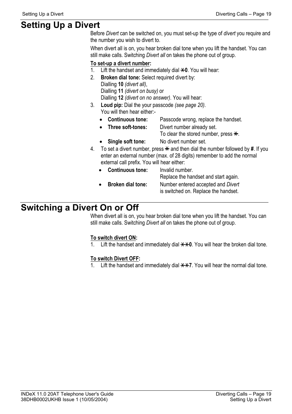 Setting up a divert, Switching a divert on or off | Avaya INDeX 11.0 User Manual | Page 19 / 26