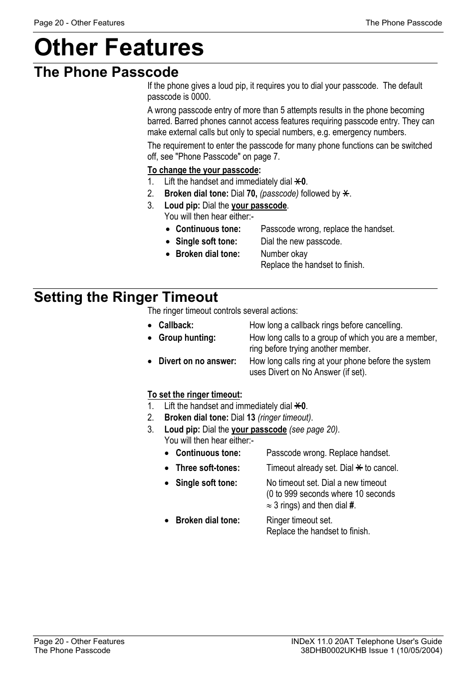 Other features, The phone passcode, Setting the ringer timeout | Avaya INDeX 11.0 User Manual | Page 20 / 26