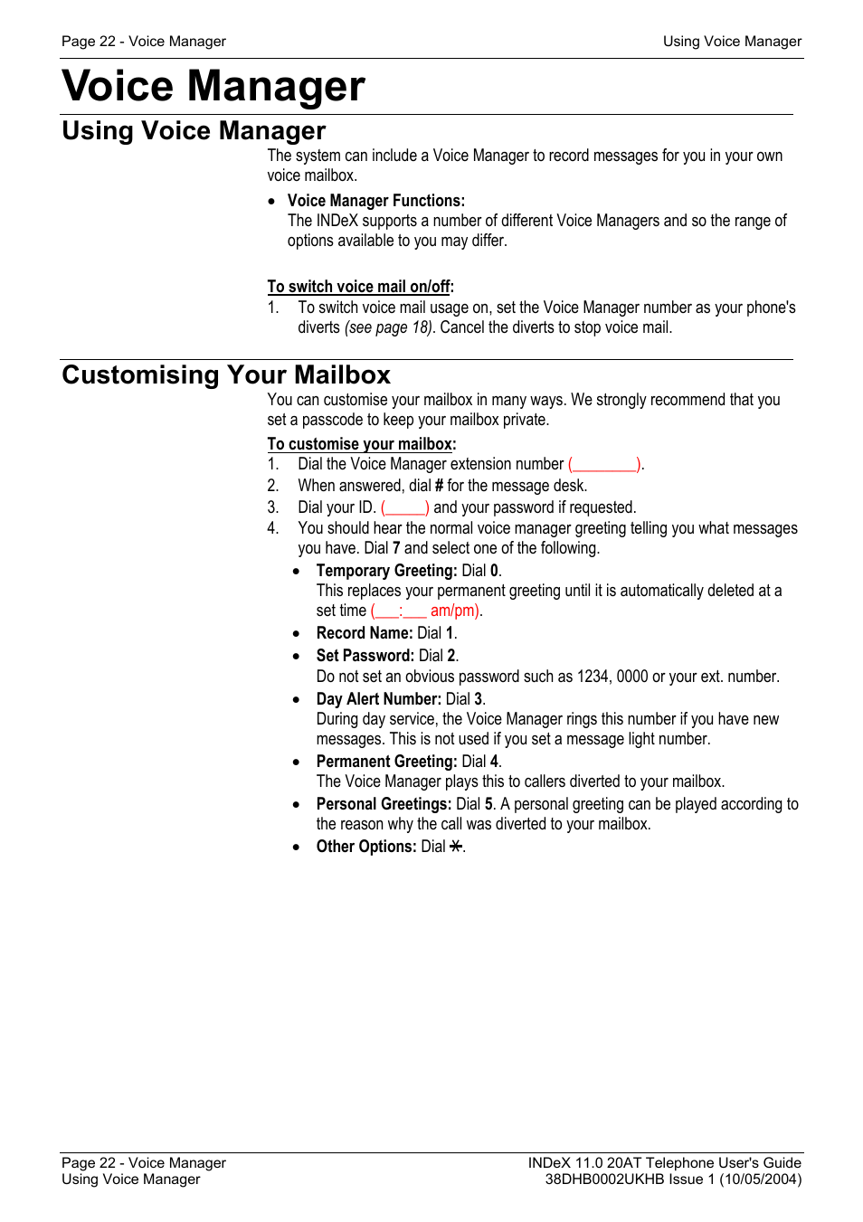 Voice manager, Using voice manager, Customising your mailbox | Avaya INDeX 11.0 User Manual | Page 22 / 26