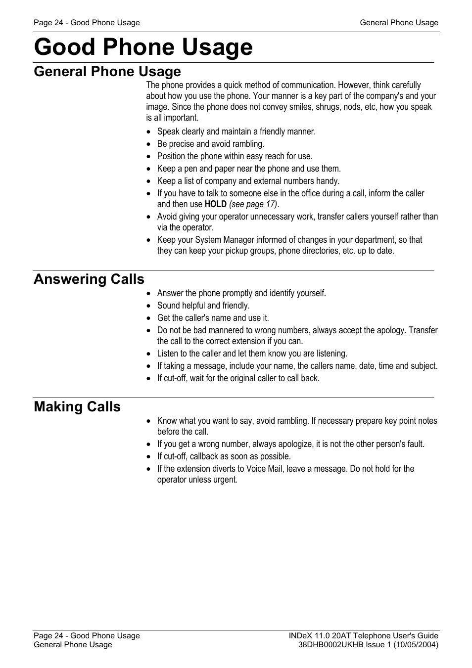 Good phone usage, General phone usage, Answering calls | Making calls | Avaya INDeX 11.0 User Manual | Page 24 / 26