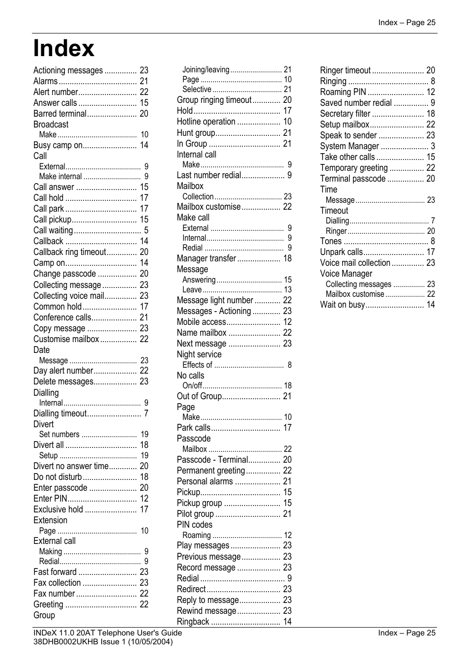 Index | Avaya INDeX 11.0 User Manual | Page 25 / 26