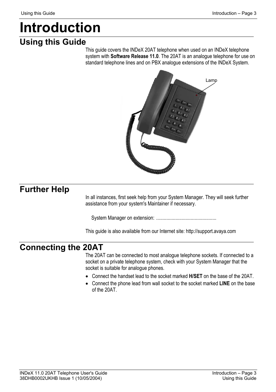 Introduction, Using this guide, Further help | Connecting the 20at | Avaya INDeX 11.0 User Manual | Page 3 / 26