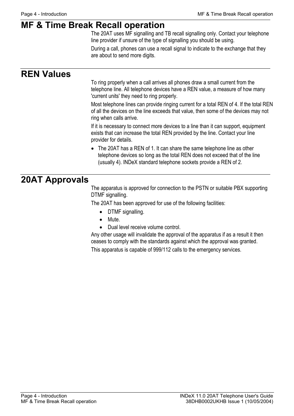 Mf & time break recall operation, Ren values, 20at approvals | Avaya INDeX 11.0 User Manual | Page 4 / 26