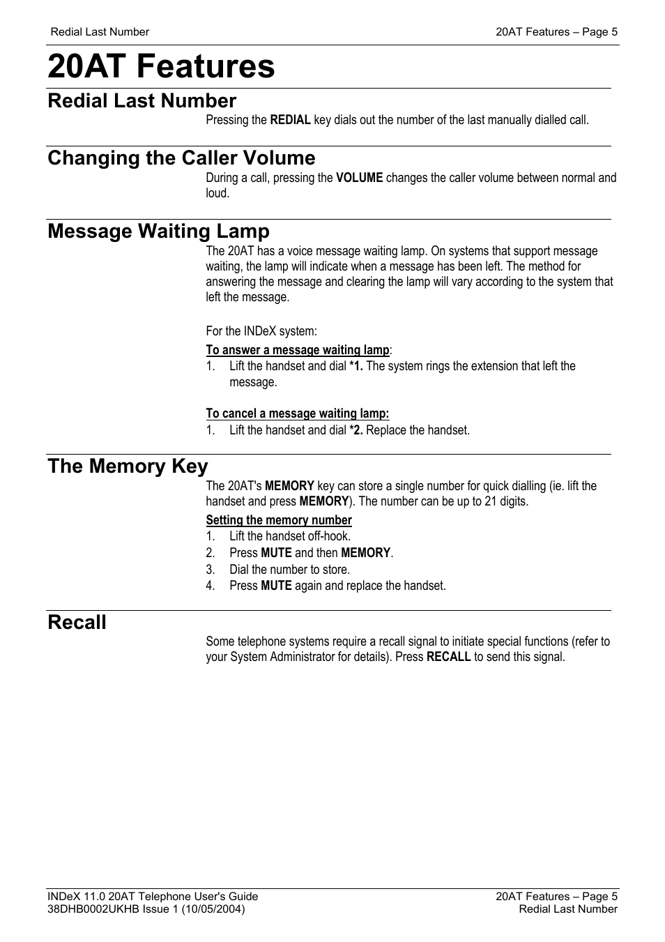 20at features, Redial last number, Changing the caller volume | Message waiting lamp, The memory key, Recall | Avaya INDeX 11.0 User Manual | Page 5 / 26