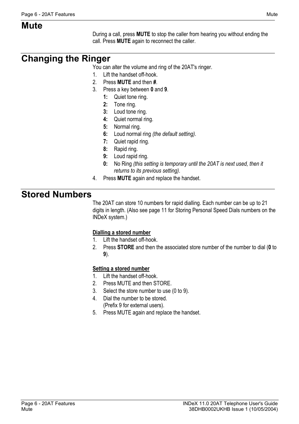 Mute, Changing the ringer, Stored numbers | Avaya INDeX 11.0 User Manual | Page 6 / 26