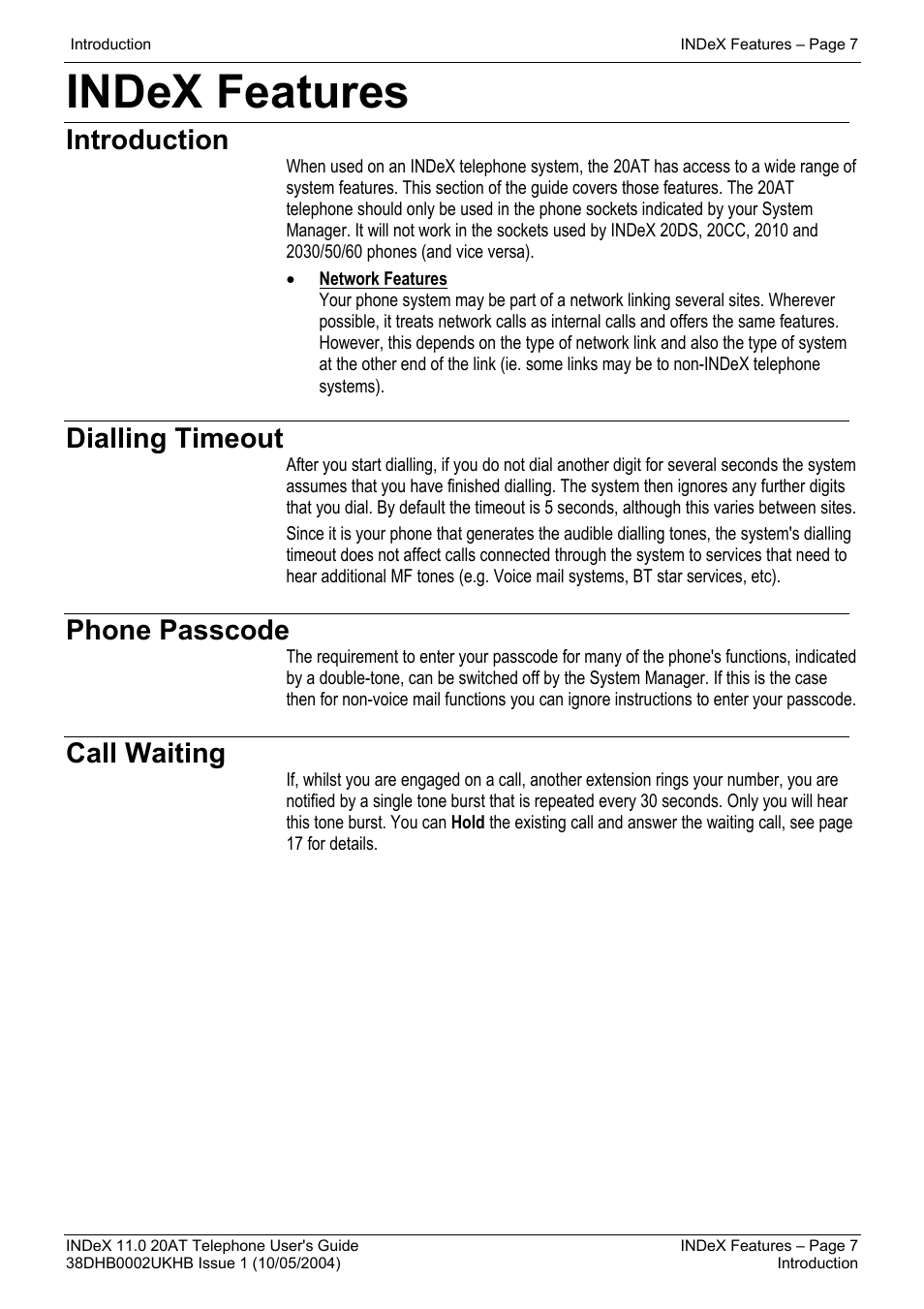 Index features, Introduction, Dialling timeout | Phone passcode, Call waiting | Avaya INDeX 11.0 User Manual | Page 7 / 26