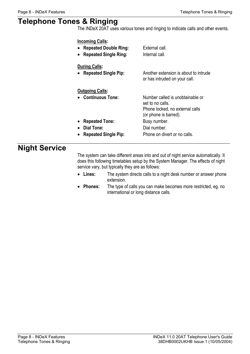 Telephone tones & ringing, Night service | Avaya INDeX 11.0 User Manual | Page 8 / 26