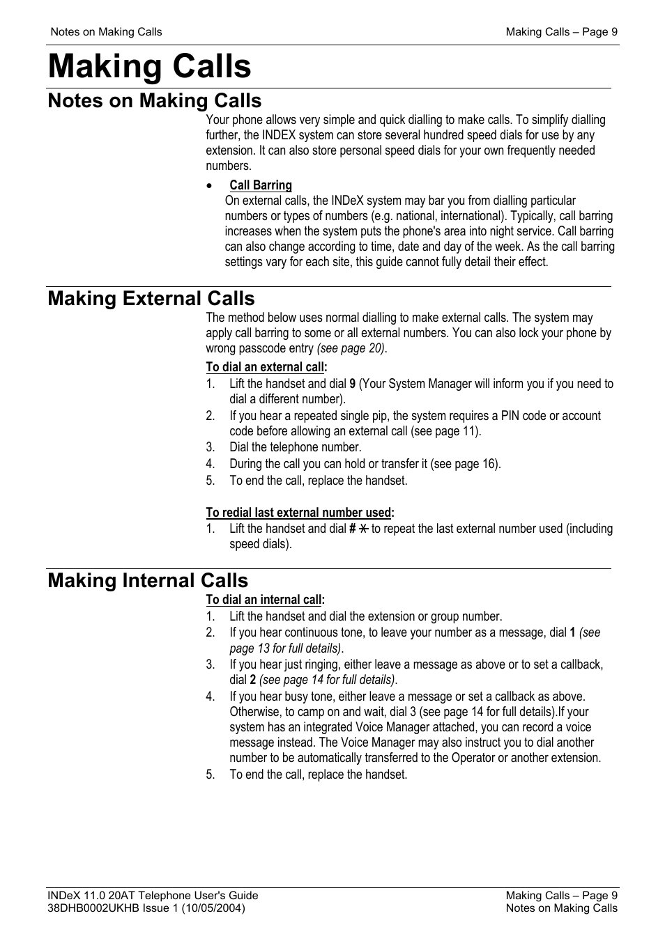 Making calls, Notes on making calls, Making external calls | Making internal calls | Avaya INDeX 11.0 User Manual | Page 9 / 26