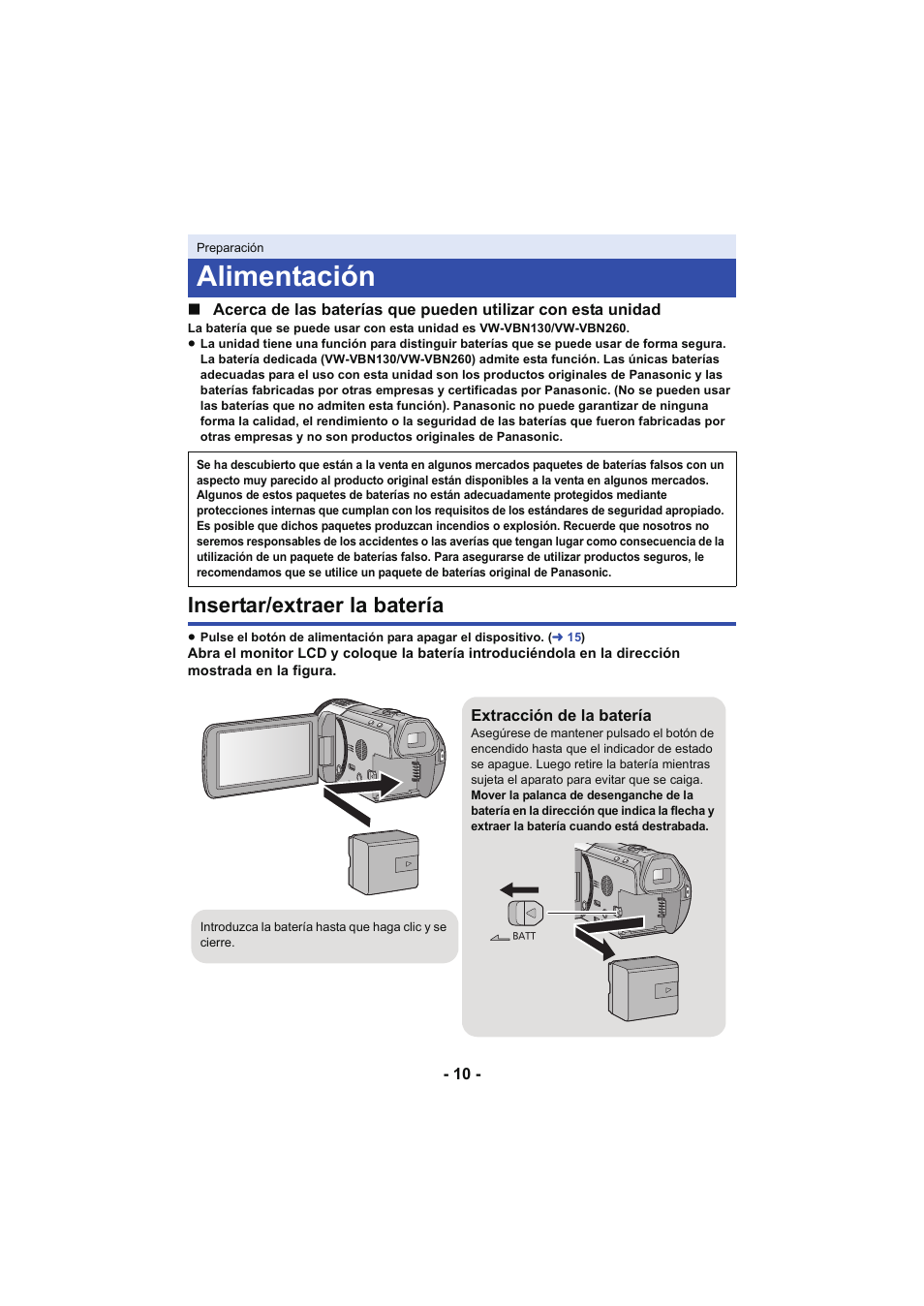 Alimentación, Insertar/extraer la batería, L 10 | Panasonic HCX929EG User Manual | Page 10 / 203