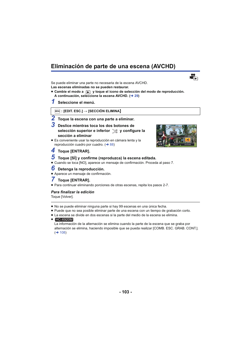 Eliminación de parte de una escena (avchd) | Panasonic HCX929EG User Manual | Page 103 / 203