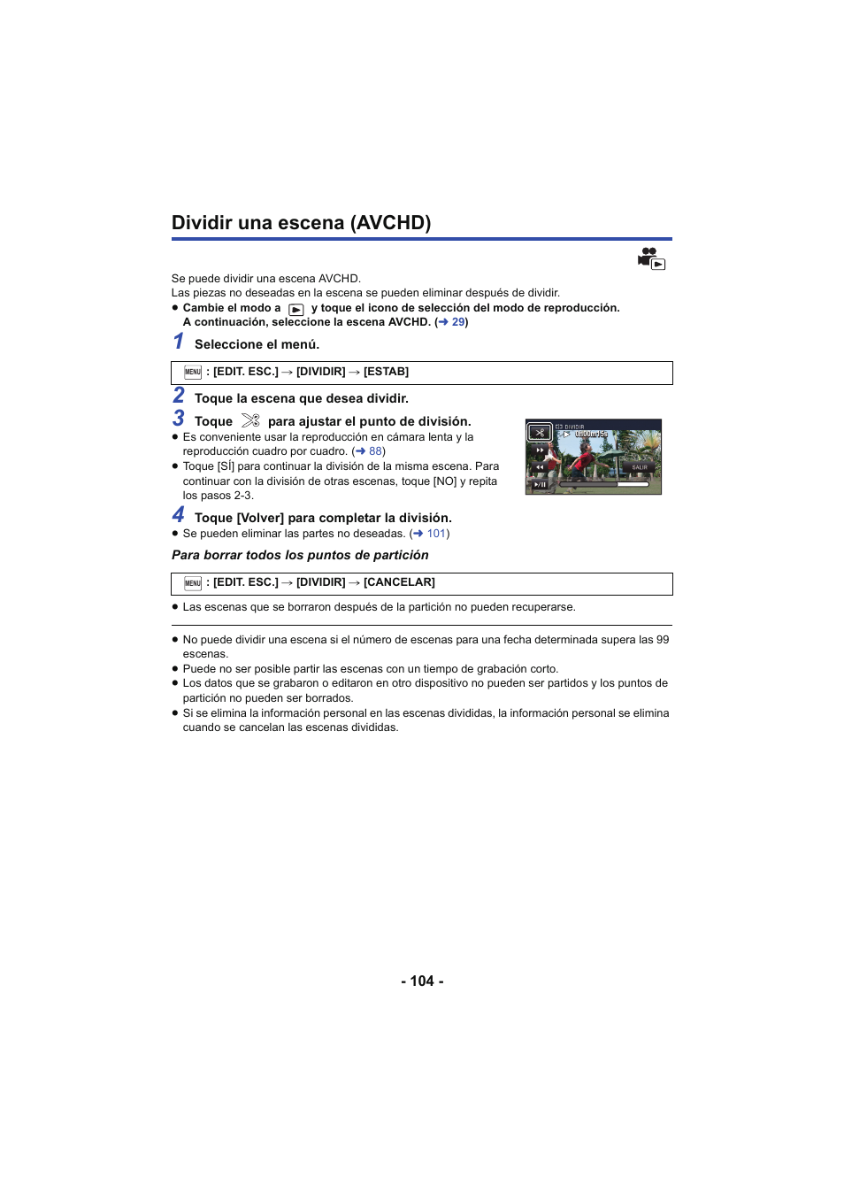 Dividir una escena (avchd) | Panasonic HCX929EG User Manual | Page 104 / 203