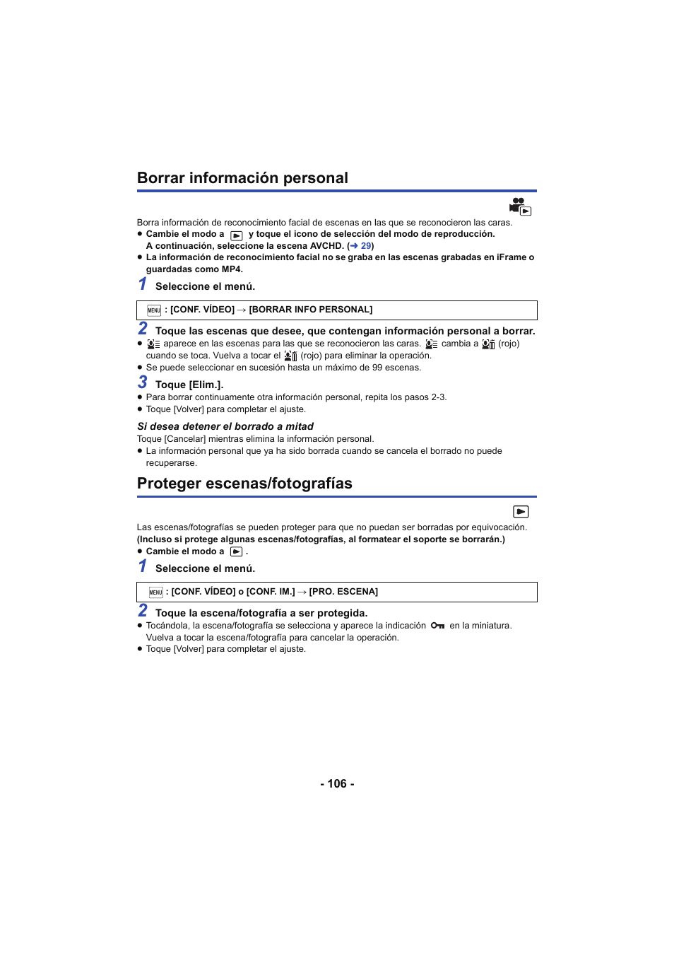 Borrar información personal, Proteger escenas/fotografías | Panasonic HCX929EG User Manual | Page 106 / 203