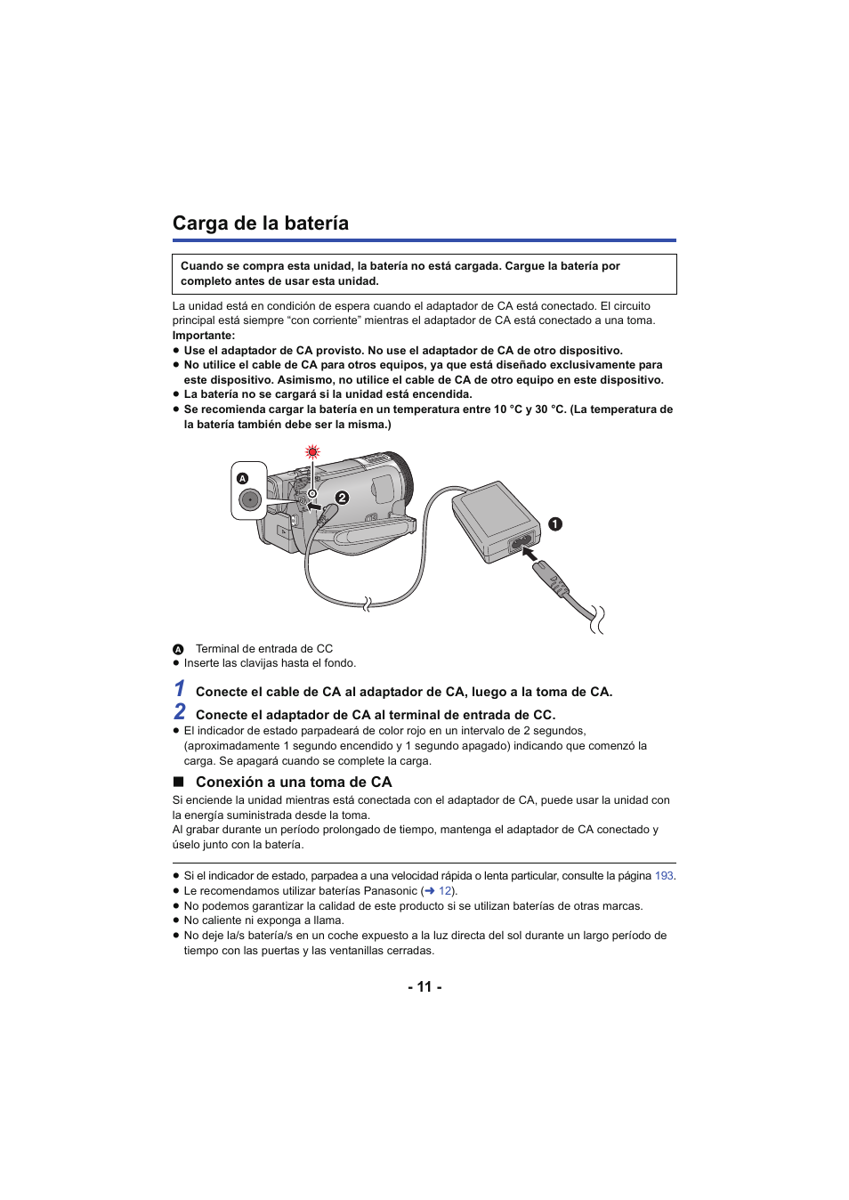 Carga de la batería, L 11 | Panasonic HCX929EG User Manual | Page 11 / 203