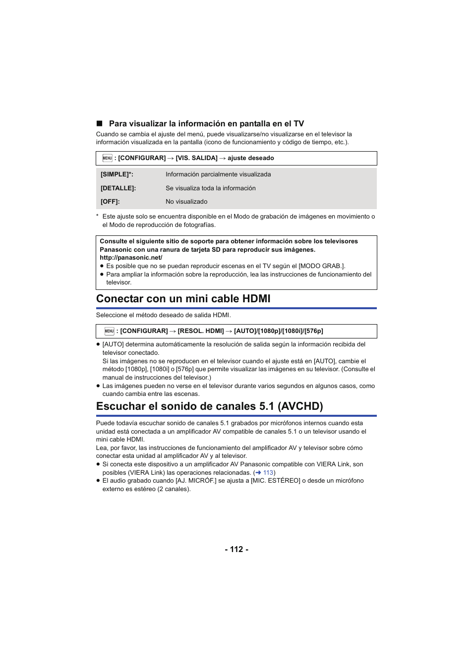 Conectar con un mini cable hdmi, Escuchar el sonido de canales 5.1 (avchd), Conectar con un mini cable | Hdmi, L 112, Escuchar el sonido de, Canales 5.1 (avchd) | Panasonic HCX929EG User Manual | Page 112 / 203