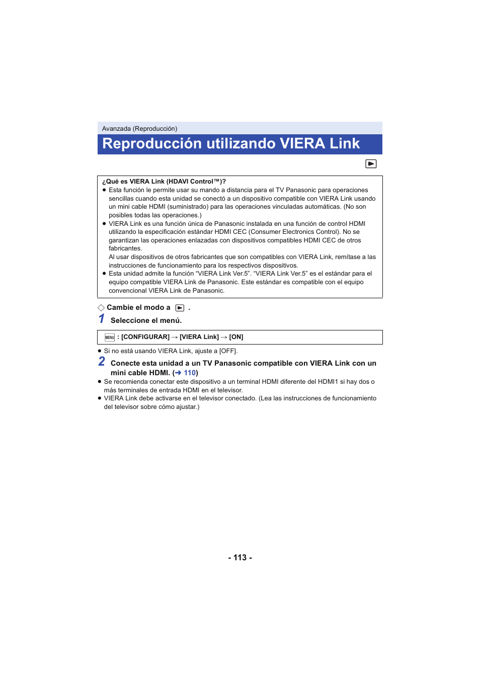 Reproducción utilizando viera link, Reproducción utilizando, Viera link | L 113 | Panasonic HCX929EG User Manual | Page 113 / 203