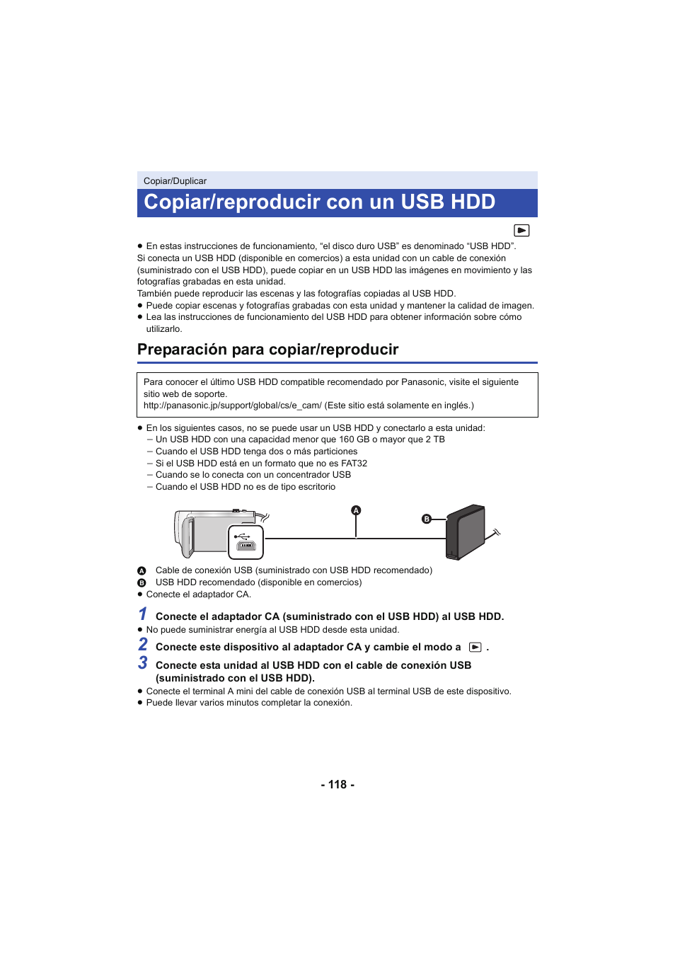 Copiar/reproducir con un usb hdd, Preparación para copiar/reproducir, L 118 | Panasonic HCX929EG User Manual | Page 118 / 203