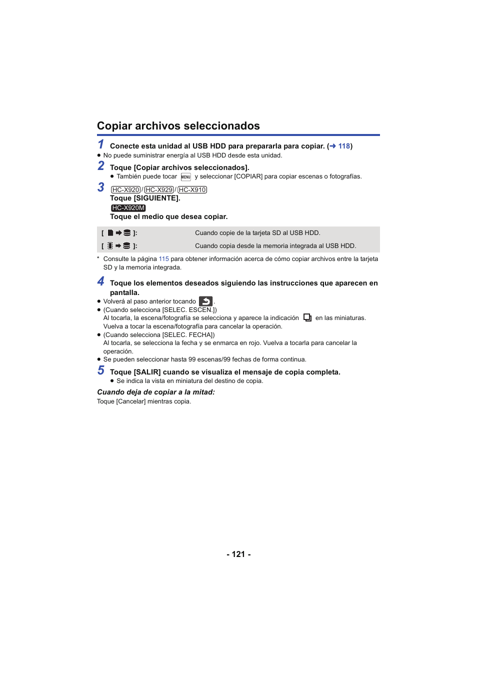 Copiar archivos seleccionados, L 121 | Panasonic HCX929EG User Manual | Page 121 / 203