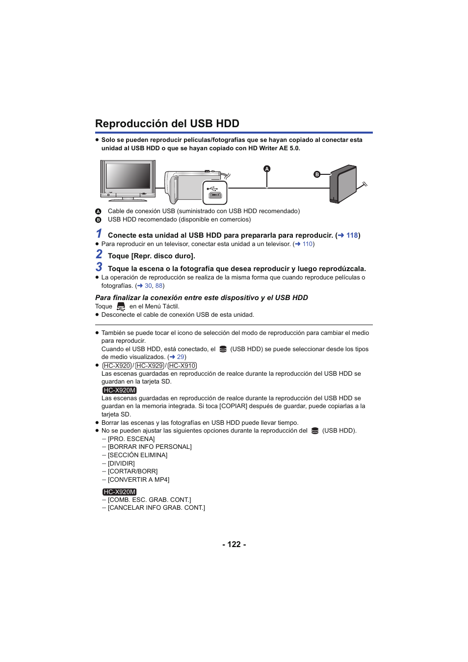 Reproducción del usb hdd, L 122 | Panasonic HCX929EG User Manual | Page 122 / 203