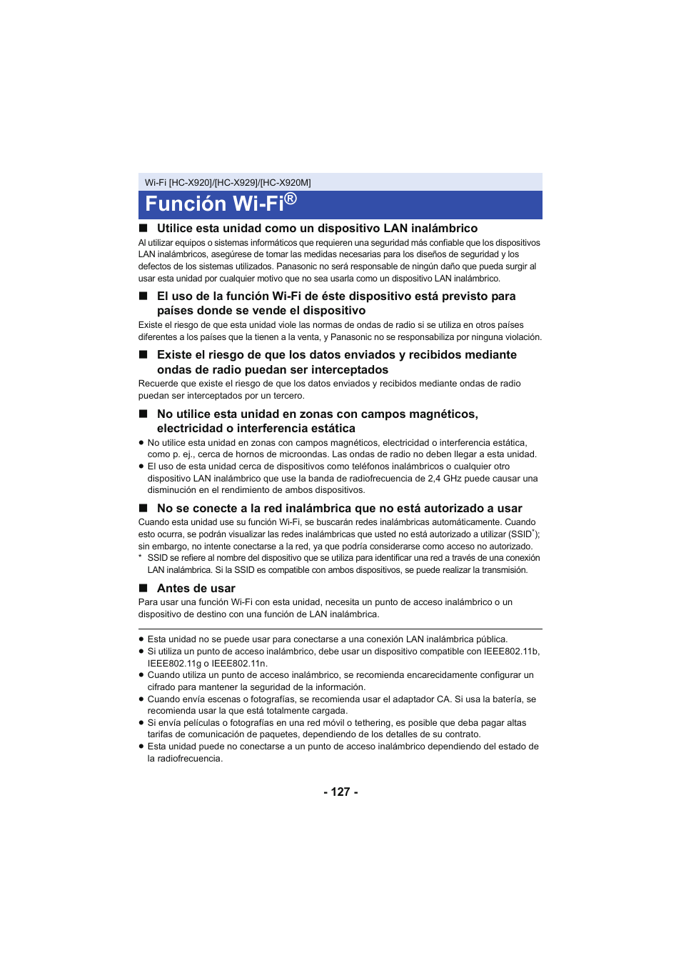Wi-fi [hc-x920]/[hc-x929]/[hc-x920m, Función wi-fi, Wi-fi | Hc-x920]/[hc-x929]/[hc-x920m | Panasonic HCX929EG User Manual | Page 127 / 203