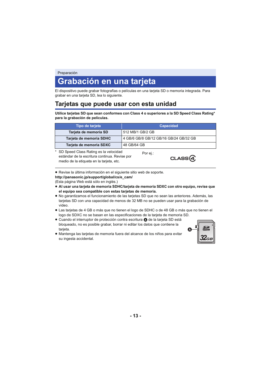 Grabación en una tarjeta, Tarjetas que puede usar con esta unidad | Panasonic HCX929EG User Manual | Page 13 / 203