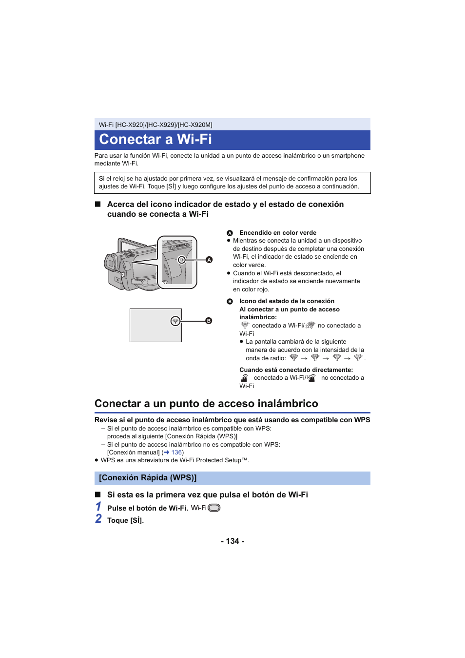 Conectar a wi-fi, Conectar a un punto de acceso inalámbrico, L 134 | A “conectar a un punto de acceso inalámbrico | Panasonic HCX929EG User Manual | Page 134 / 203