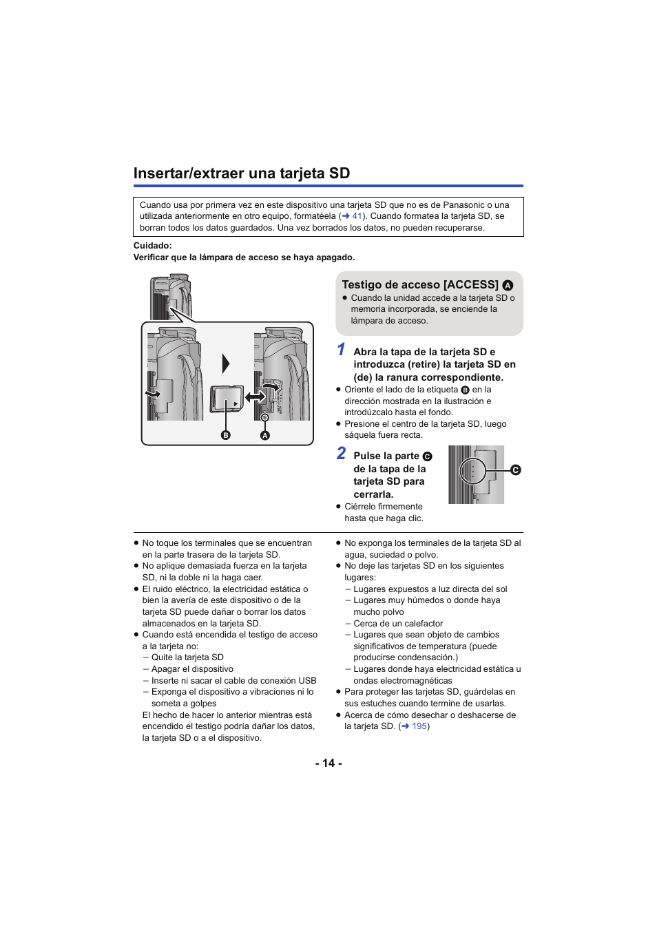 Insertar/extraer una tarjeta sd, L 14 | Panasonic HCX929EG User Manual | Page 14 / 203