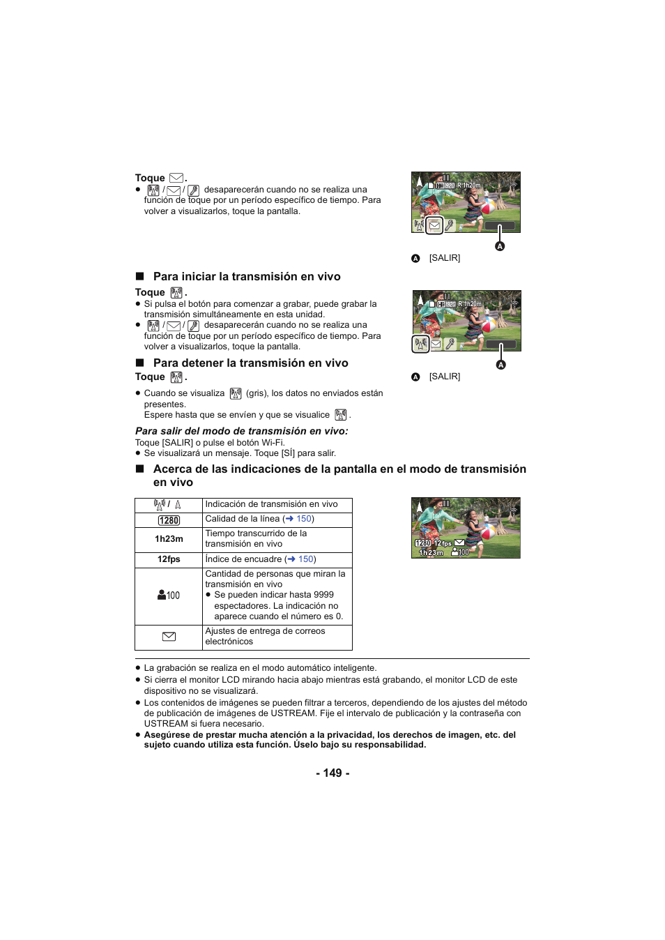 Para iniciar la transmisión en vivo, Para detener la transmisión en vivo | Panasonic HCX929EG User Manual | Page 149 / 203