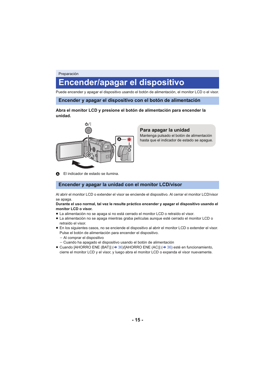 Encender/apagar el dispositivo, L 15 | Panasonic HCX929EG User Manual | Page 15 / 203