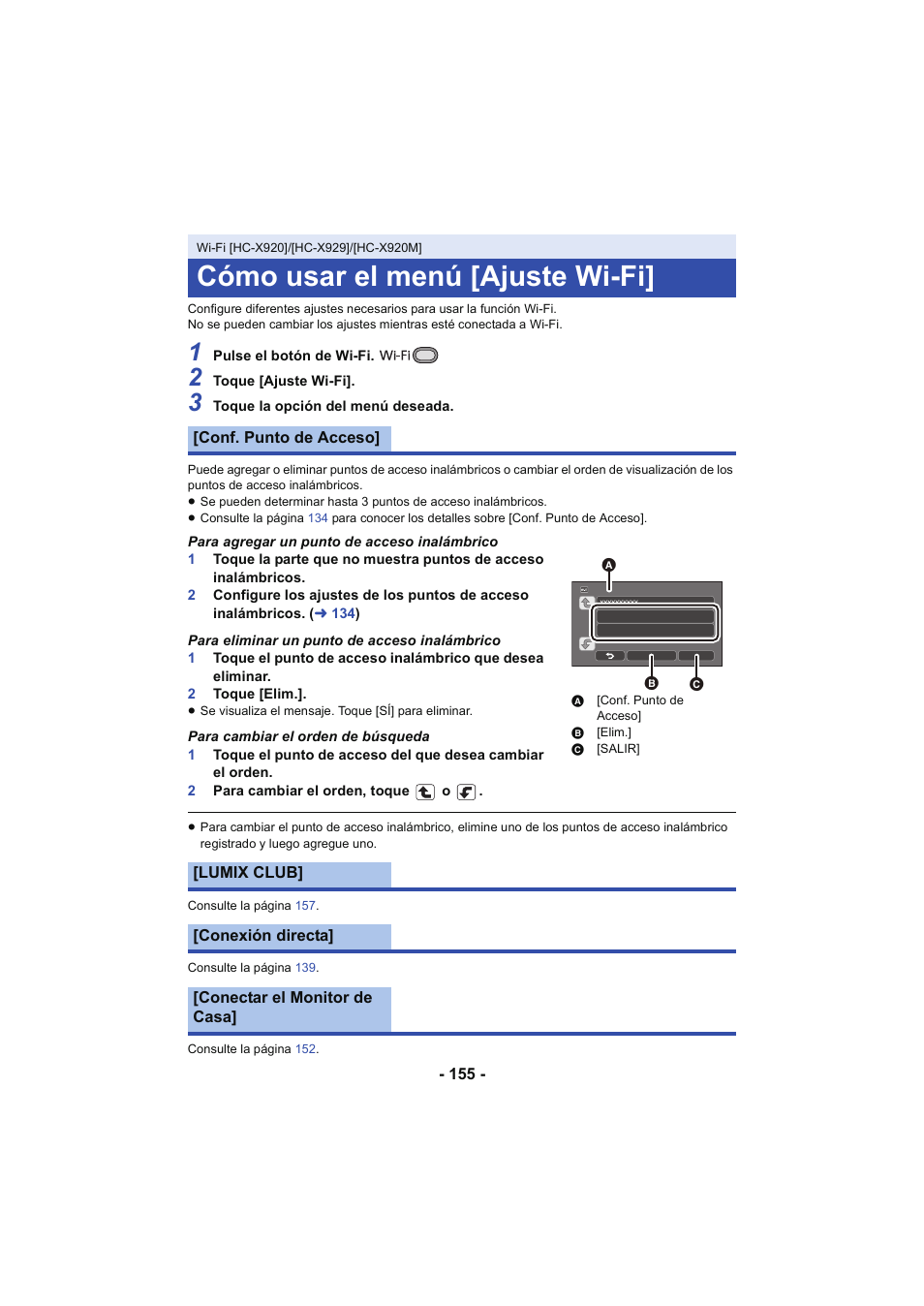 Cómo usar el menú [ajuste wi-fi, L 155 | Panasonic HCX929EG User Manual | Page 155 / 203