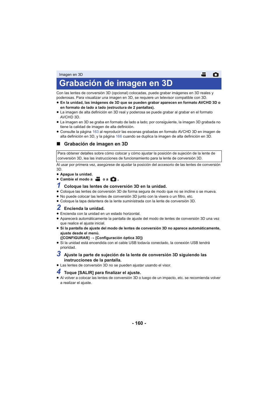 Imagen en 3d, Grabación de imagen en 3d, L 160 | Panasonic HCX929EG User Manual | Page 160 / 203