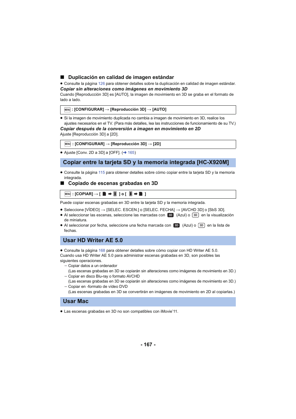 Usar hd writer ae 5.0 usar mac, 167 - ∫ duplicación en calidad de imagen estándar, Copiado de escenas grabadas en 3d | Panasonic HCX929EG User Manual | Page 167 / 203