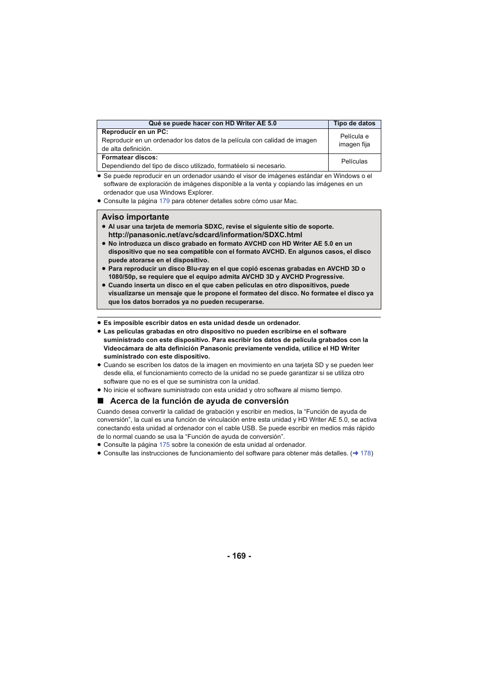 L 169, Aviso importante, Acerca de la función de ayuda de conversión | Panasonic HCX929EG User Manual | Page 169 / 203