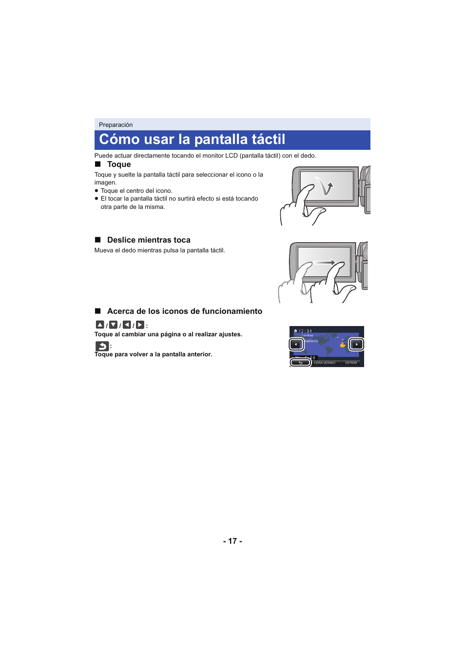 Cómo usar la pantalla táctil, L 17 | Panasonic HCX929EG User Manual | Page 17 / 203