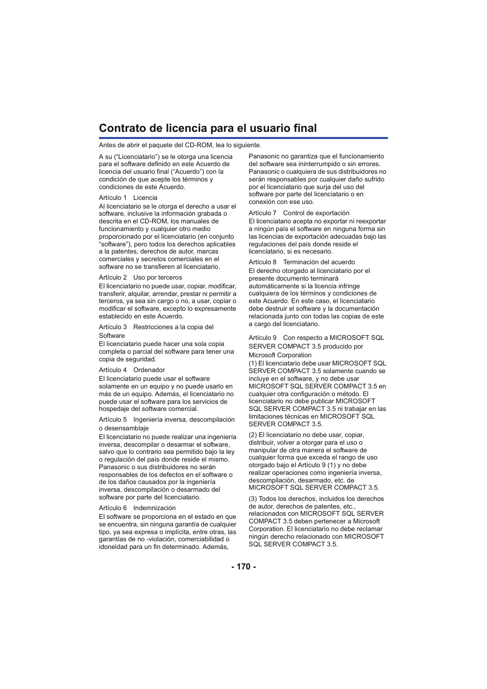 Contrato de licencia para el usuario final | Panasonic HCX929EG User Manual | Page 170 / 203