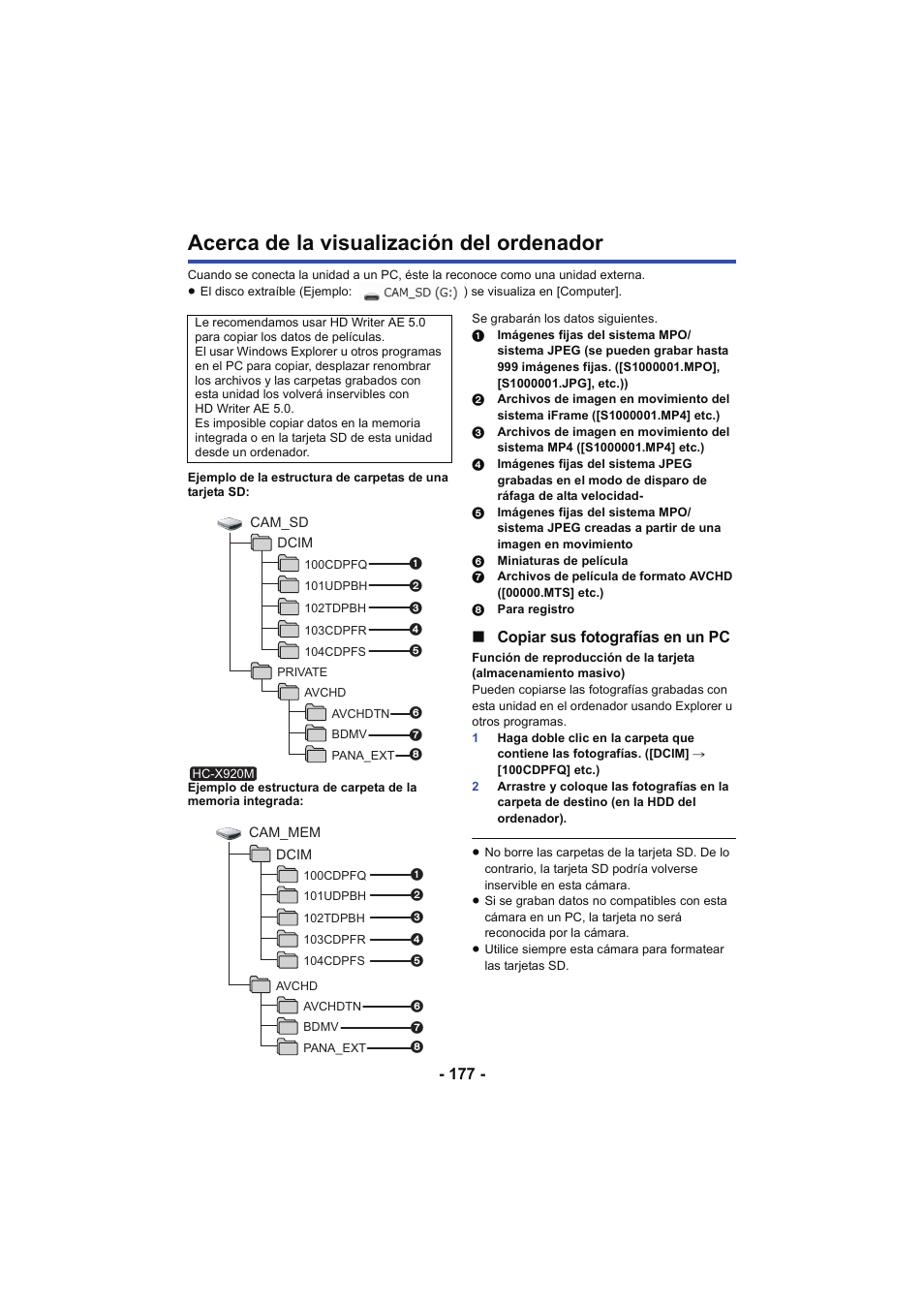 Acerca de la visualización del ordenador, L 177, Copiar sus fotografías en un pc | Panasonic HCX929EG User Manual | Page 177 / 203