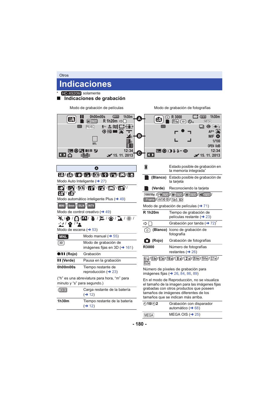 Otros, Indicaciones, L 180 | Indicaciones de grabación | Panasonic HCX929EG User Manual | Page 180 / 203