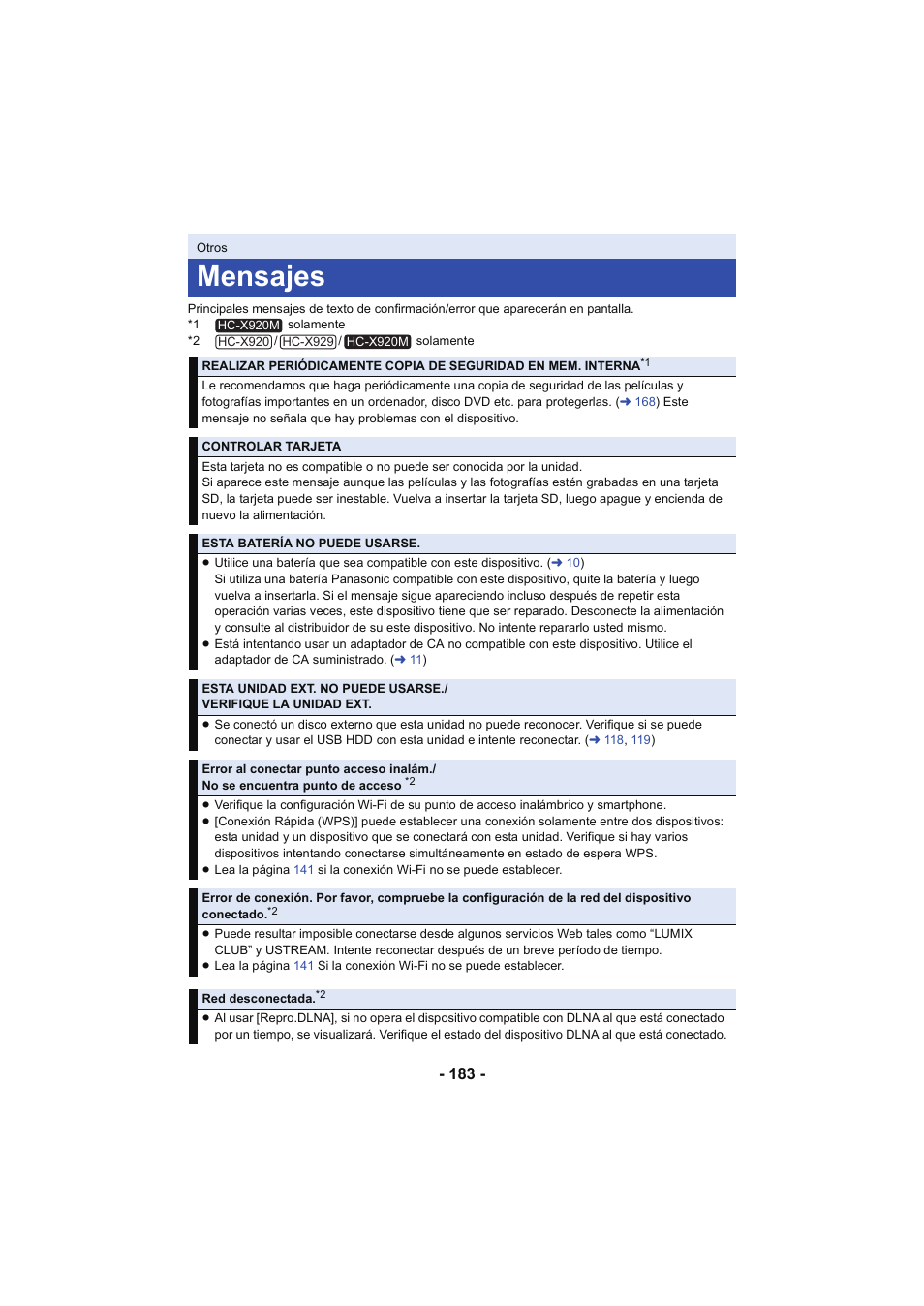 Mensajes, L 183 | Panasonic HCX929EG User Manual | Page 183 / 203