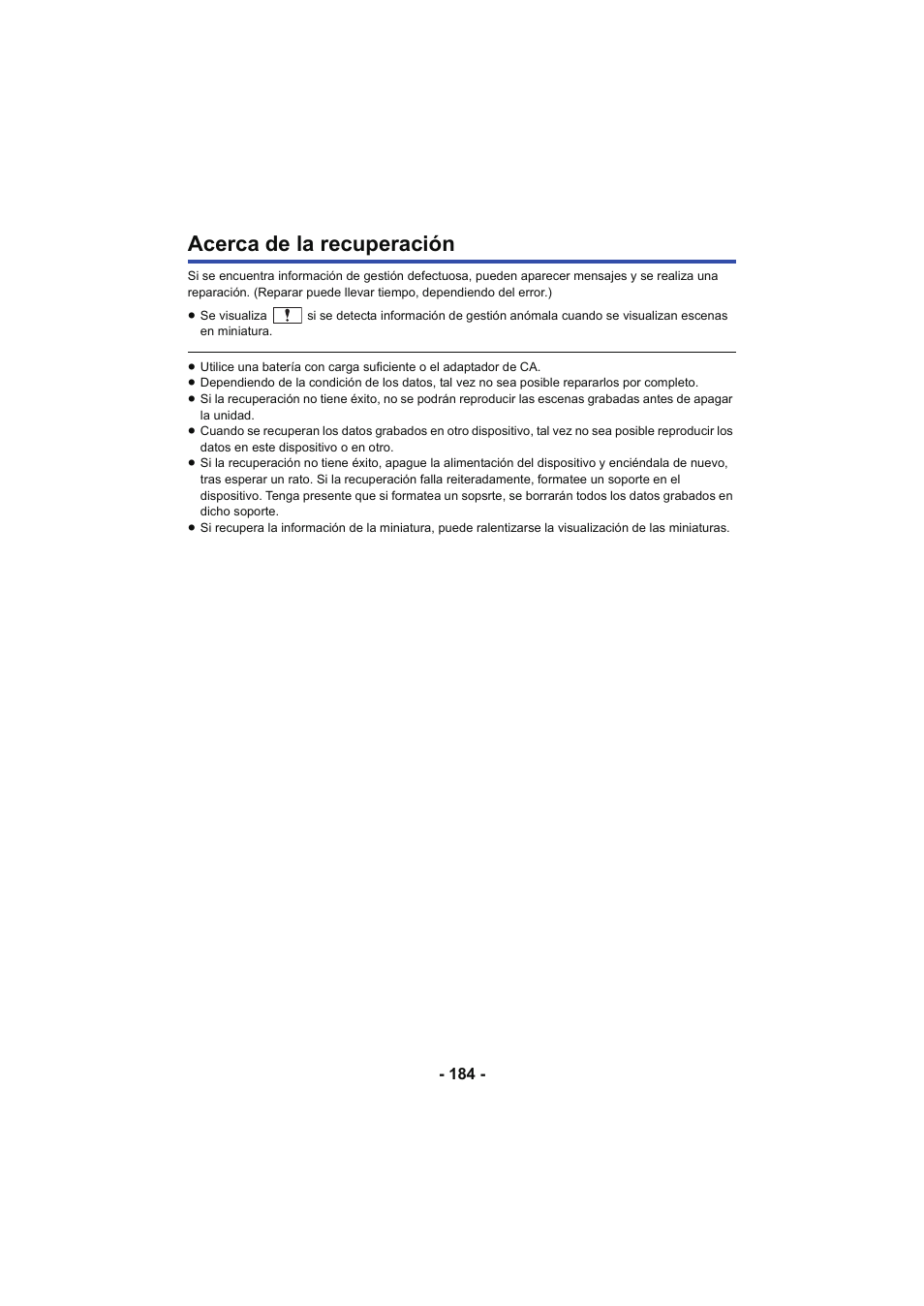 Acerca de la recuperación | Panasonic HCX929EG User Manual | Page 184 / 203