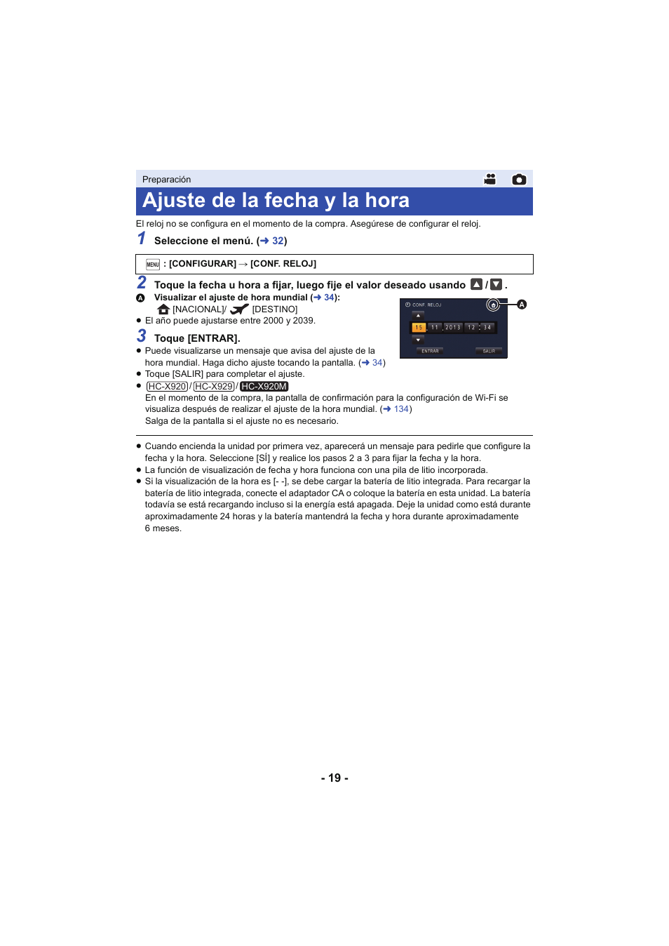 Ajuste de la fecha y la hora | Panasonic HCX929EG User Manual | Page 19 / 203