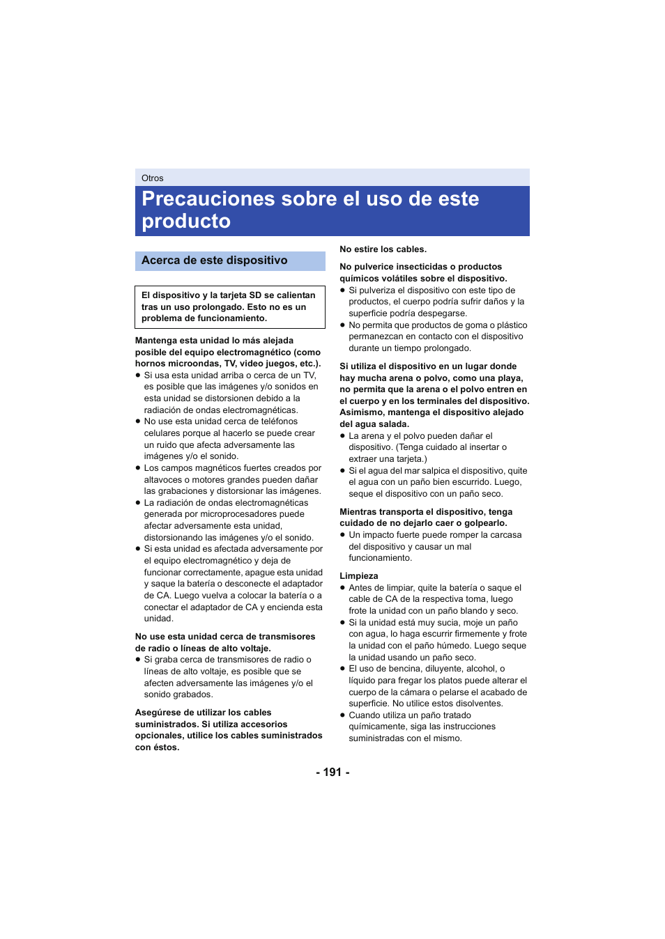 Precauciones sobre el uso de este producto | Panasonic HCX929EG User Manual | Page 191 / 203