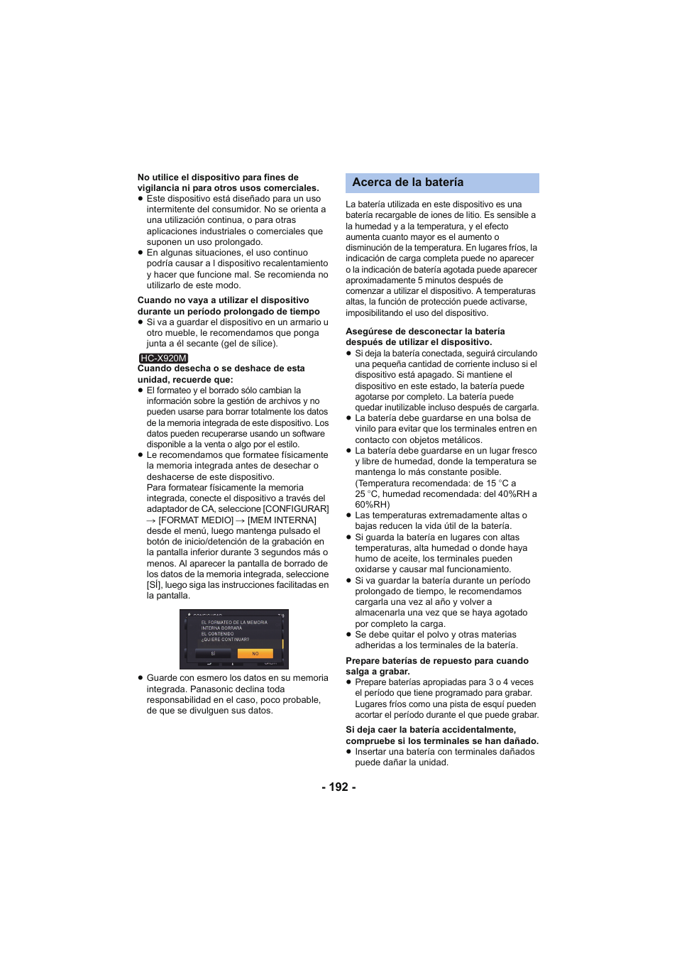 L 192, Acerca de la batería | Panasonic HCX929EG User Manual | Page 192 / 203