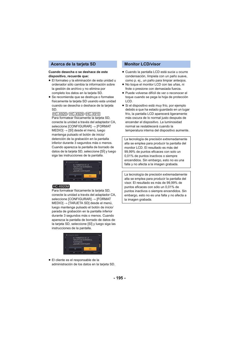 L 195, Acerca de la tarjeta sd, Monitor lcd/visor | Panasonic HCX929EG User Manual | Page 195 / 203