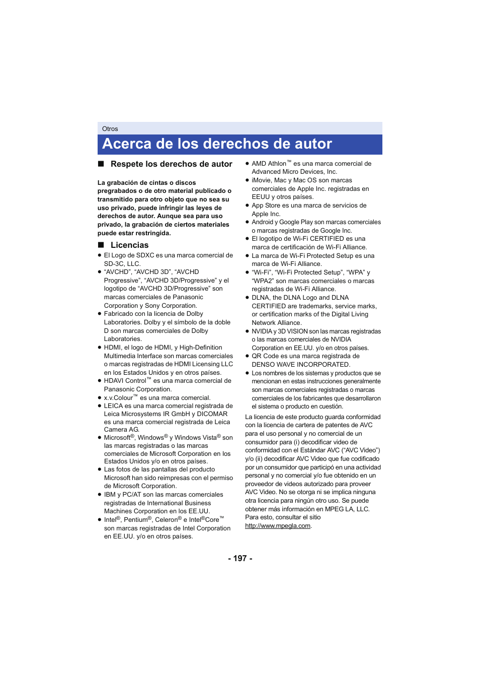 Acerca de los derechos de autor, 197 - ∫ respete los derechos de autor, Licencias | Panasonic HCX929EG User Manual | Page 197 / 203