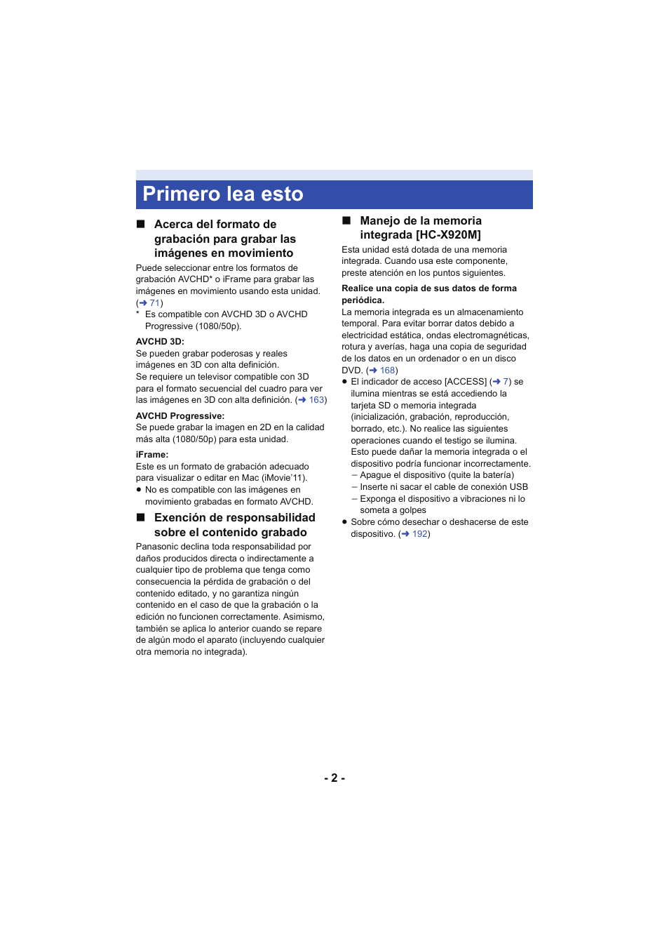 Primero lea esto | Panasonic HCX929EG User Manual | Page 2 / 203