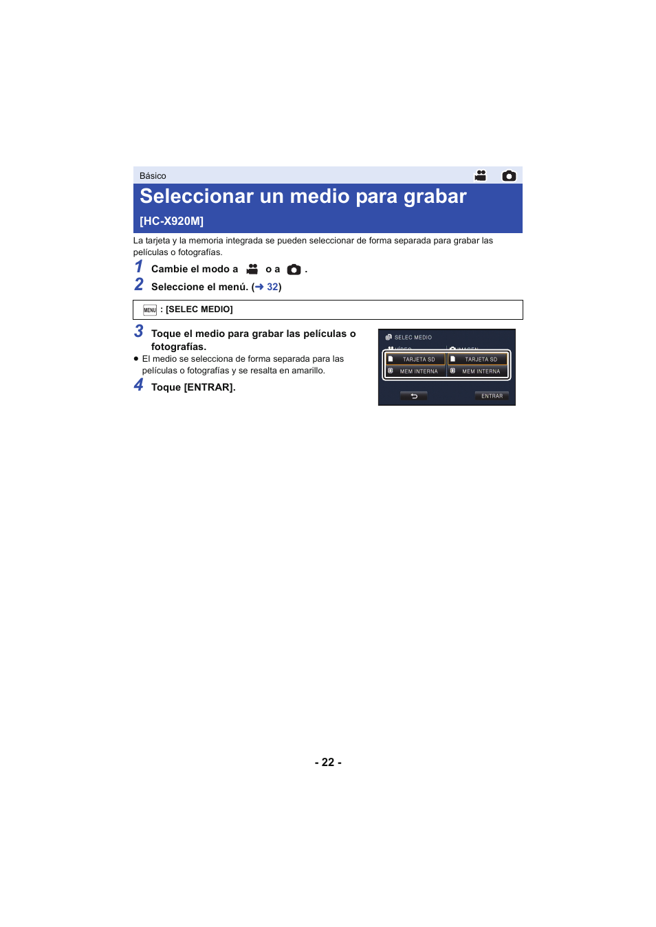 Seleccionar un medio para grabar [hc-x920m, Seleccionar un medio para grabar | Panasonic HCX929EG User Manual | Page 22 / 203