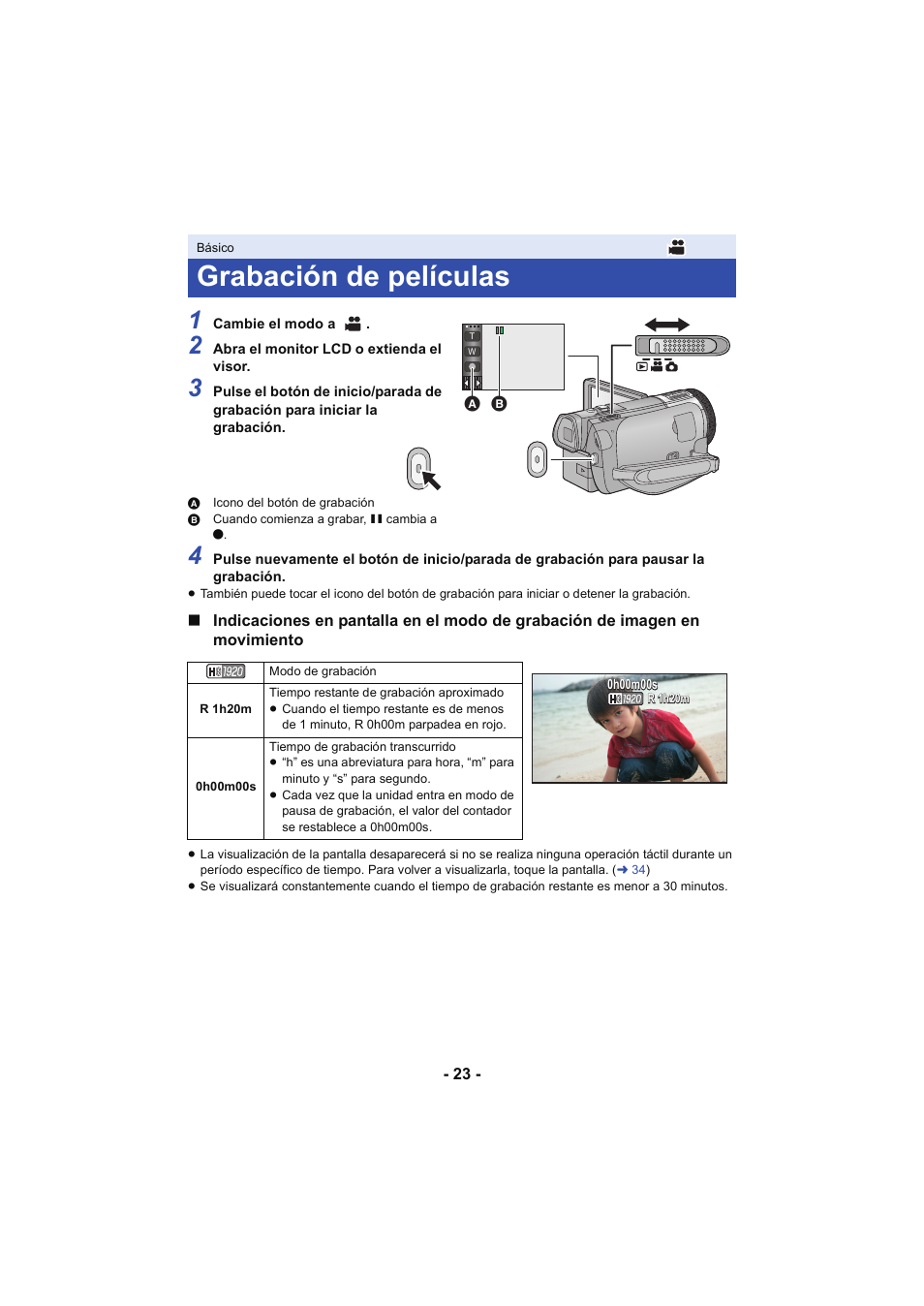 Grabación de películas, L 23 | Panasonic HCX929EG User Manual | Page 23 / 203