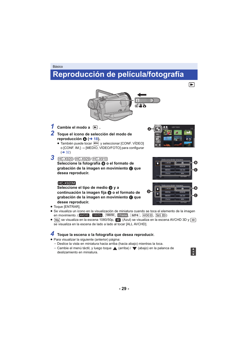 Reproducción de película/fotografía, L 29 | Panasonic HCX929EG User Manual | Page 29 / 203