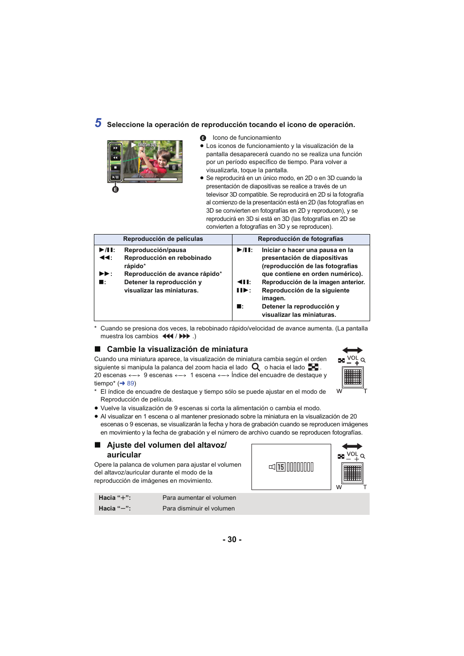 L 30, Cambie la visualización de miniatura, Ajuste del volumen del altavoz/ auricular | Panasonic HCX929EG User Manual | Page 30 / 203