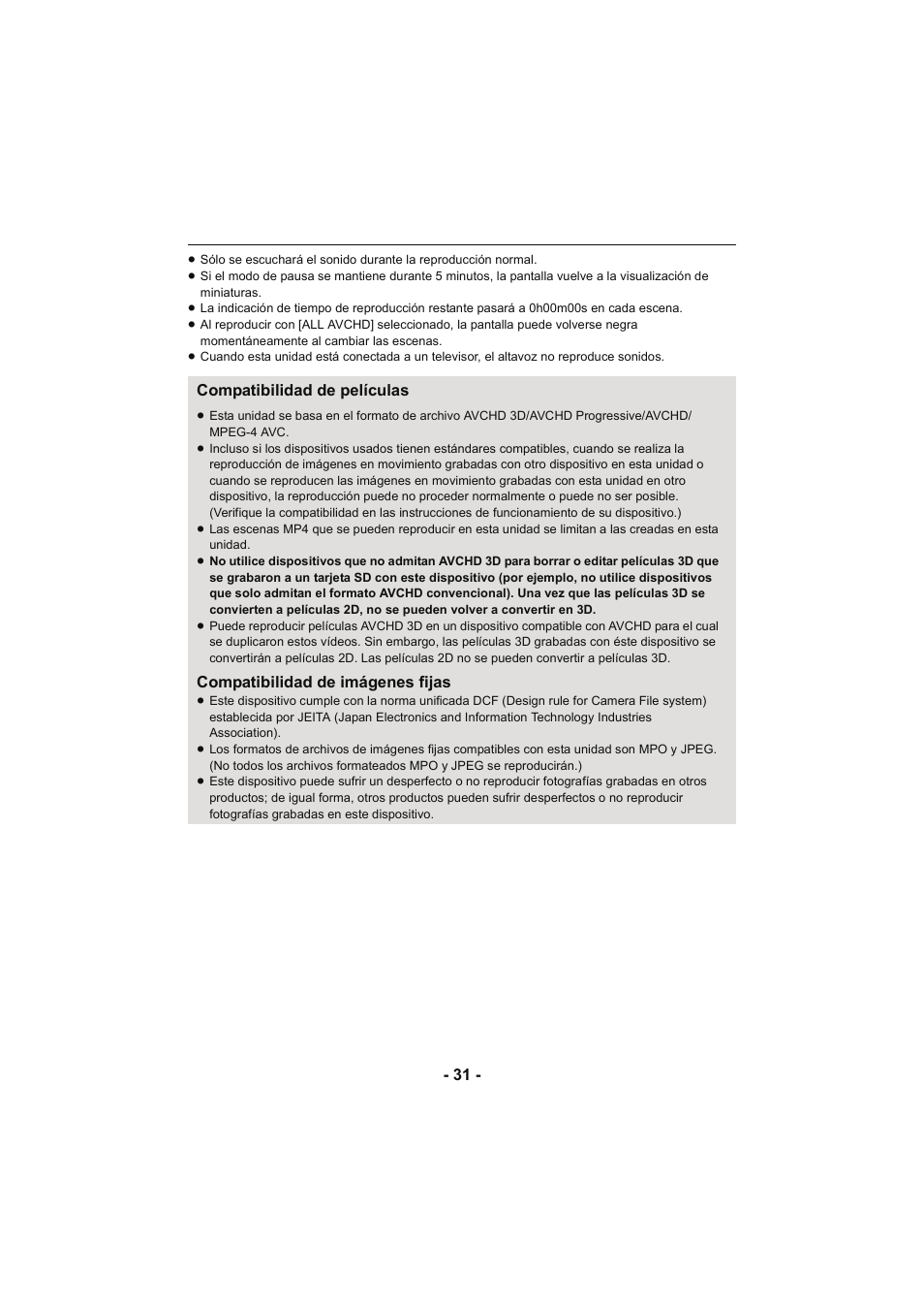 Compatibilidad de películas, Compatibilidad de imágenes fijas | Panasonic HCX929EG User Manual | Page 31 / 203